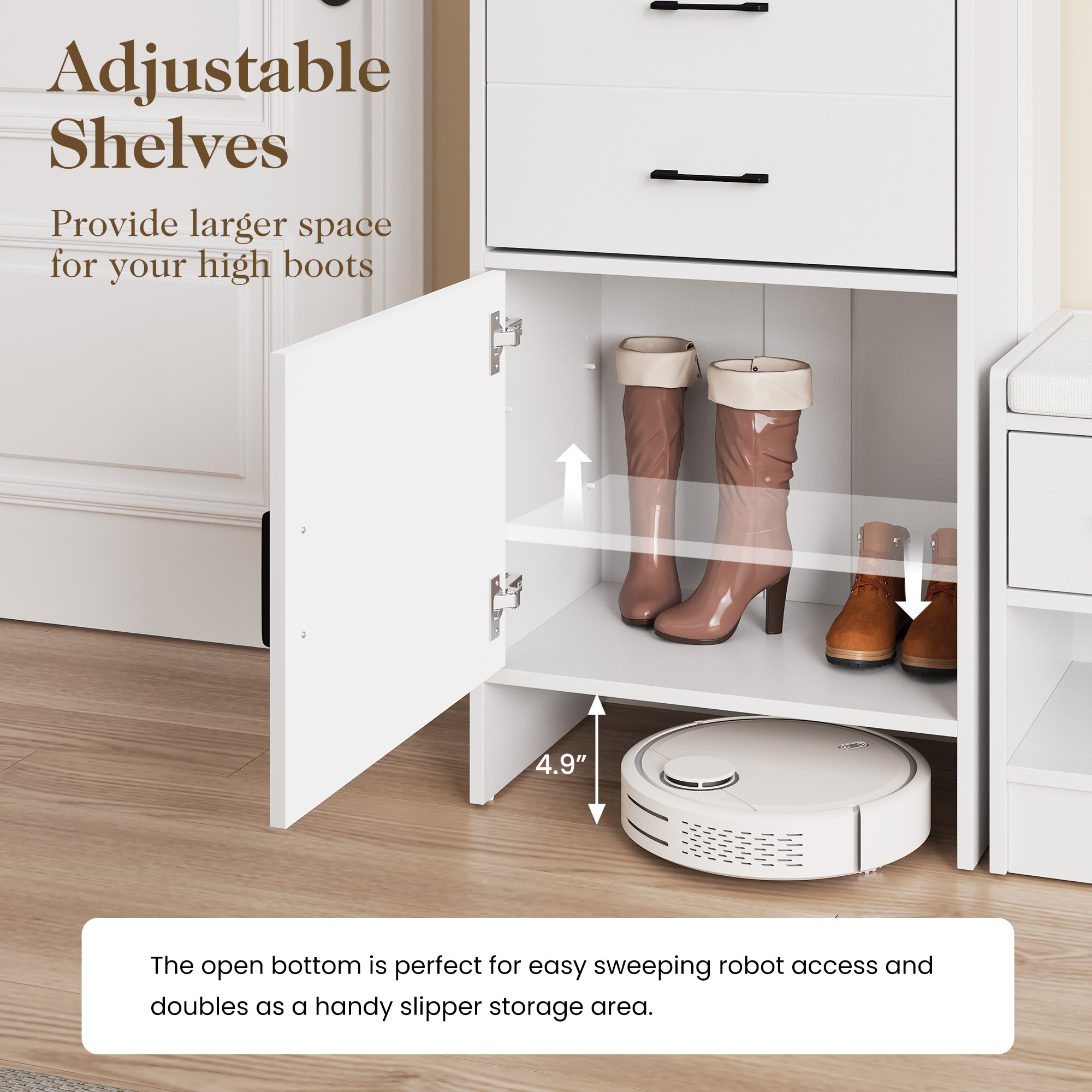 5-in-1 Shoe Cabinet With Flip Drawer, Entryway Shoe Storage With Pegboard, Adjustable Shelf, Wood Entryway Cabinet, White_voghion.com